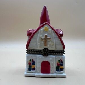 Vintage Church Porcelain Trinket Box Red Roof with Mini Bible Hinged Keepsake